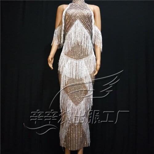 Women New Fashion Luxurious Crystals Fringes Long Dress Party Sexy Tassels Stretch Dress Prom Birthday Celebrate Stones Dress