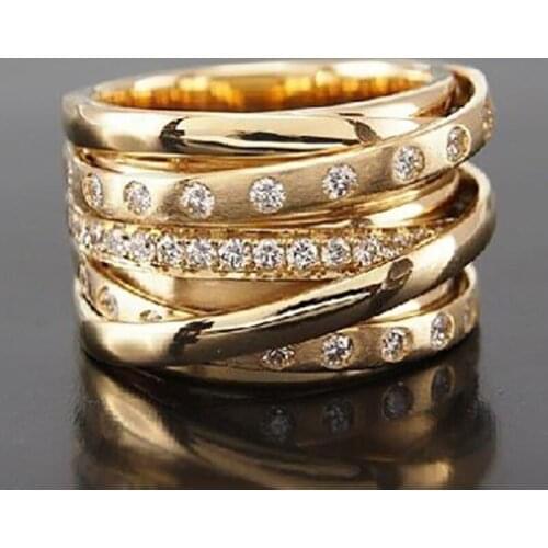 Popular Gold Color Multilayer Winding Inlaid Crystal Rhinestone Zircon Female Metal Ring for Women Party Jewelry Accessories