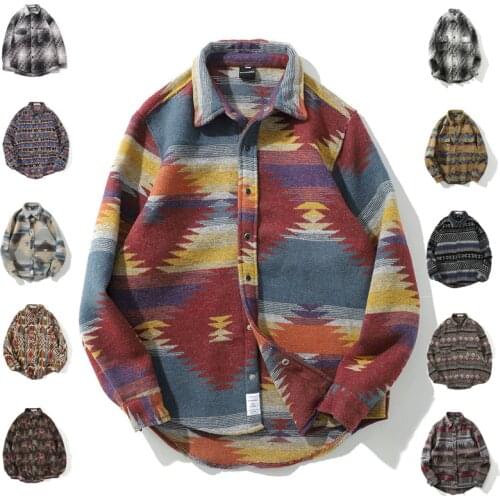 Winter Hip Hop Vintage Snap Button Long Sleeve Shirts Men Fashion Casual Streetwear Oversized Coat Male Shirt Tops Black Plaid