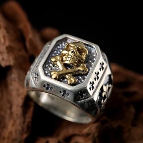 S925 retro Silver Skull Ring cross section man finger ring personality punk