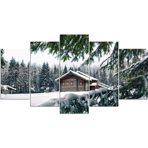 Snow Mountain Wood House Home Decor Canvas Print 5 Pcs HD Wall Art Modern Pictures Living Room Modular No Frame