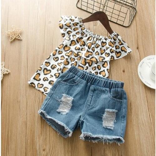 Summer Girls Casual Two-piece Clothes Set Short Sleeve Round Collar Ruffles Leopard print tops Blue Jeans Shorts Childrens Sets