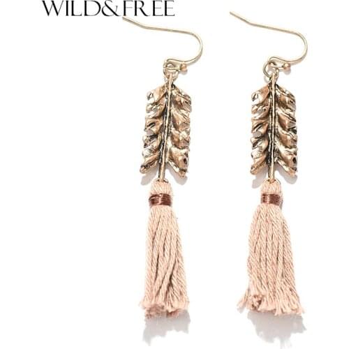 Bohemian Leaf Tassel Drop Earrings Vintage Antique Gold Metal Cotton Tassel Handmade Drop Dangle Earring Jewelry For Women Daily