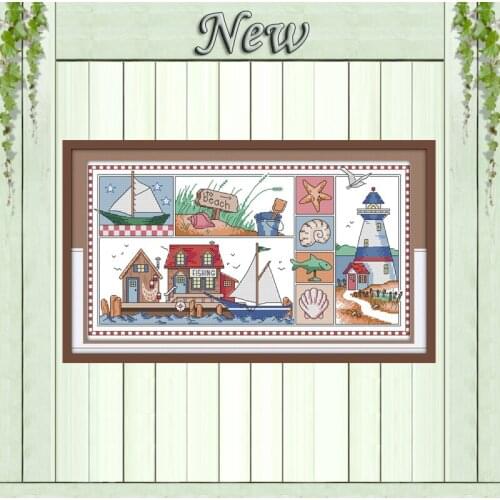 Impression of seaside beach fishing painting counted printed on canvas needlework embroider Sets DMC 11CT 14CT Cross Stitch kits