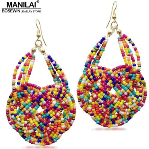 MANILAI Handmade Knitting Resin Beaded Bohemia Earring Women Fashion Jewelry Statement Geometric Pendants Dangle Earrings Big