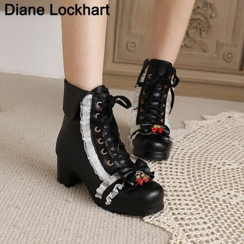 Women Autumn Sweet Bow Booties Round Toe Lace Up Platform Chunky High Heel Ladies Lolita Ankle Boots Female Snow Boot Big Size