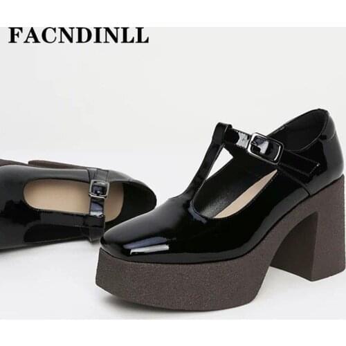 2020 new arrives 100% genuine leather square high heels platform black shoes woman T-Strap dress party wedding shoes size 34-39