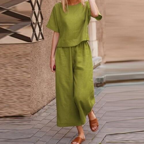 Women Casual Simple Two Piece Set Cotton Linen Round Neck Shirt Pullover and Elastic Waist Outfits 2021 Spring Autumn Solid Suit