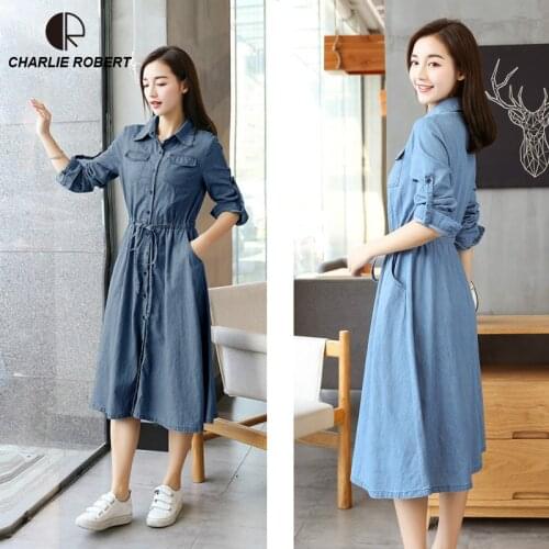Blue & Denim Blue M-XL Slim Fit Mid-Calf Casual Sashes Women Lady Dress Three Quate Fashion 2019 New Spring & Summer Dress