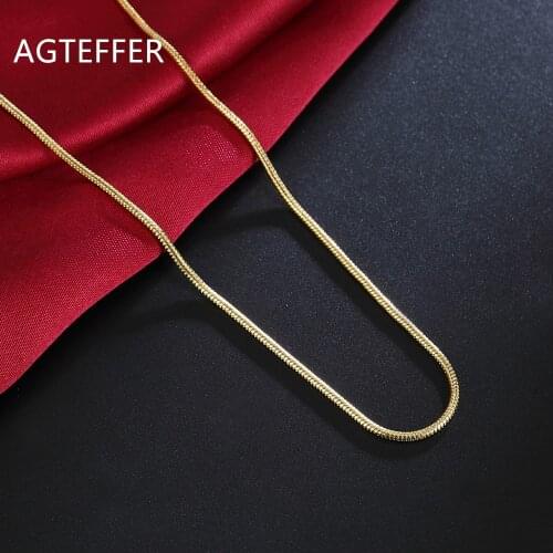AGTEFFER 925 Sterling Silver 16/18/20/22/24/26/28/30 Inch 2mm 18k Gold Snake Necklace For Women Man Fashion Wedding Jewelry