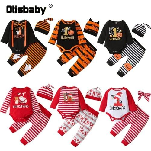 3Pcs/Set Christmas Halloween Baby Girl Boy Bodysuit + Striped Pants + Hat Clothing Sets For Newborn Jumpsuit Kids Romper Clothes