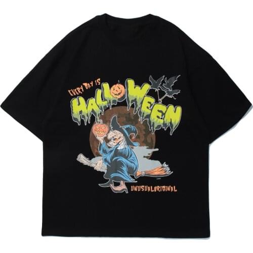 2021 Summer Men Streetwear T Shirt Halloween Witch Pumpkin Print Tshirt Harajuku Cotton Loose Short Sleeve T-Shirt Black
