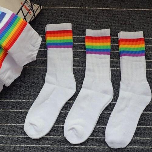 Original Design Young People Hiphop Rainbow Gay Lgbt Fashion Dance Boy Girls Rainbow Street Sock Man Stripe Cotton High Sock