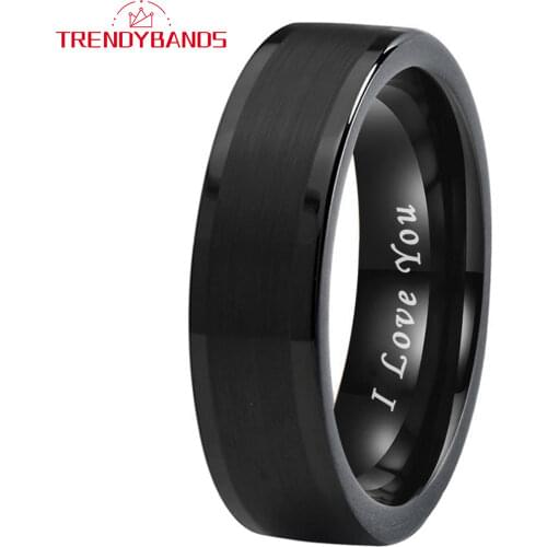 6MM Black Mens Womens Tungsten Carbide Rings Wedding Band Flat Brushed Polished Shiny Comfort Fit