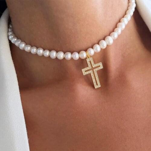 Creative Diamond Bijoux Collar crystal stone pave cross pendant charms pearl Natural Pearl Short Jewelry chorkers necklace women