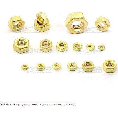 100pcs/lot DIN934 Brass hex nut M1 M1.2 M1.4 M1.6 M2 M2.5 M3 M4 M5 M6 brass nuts bright cleaned