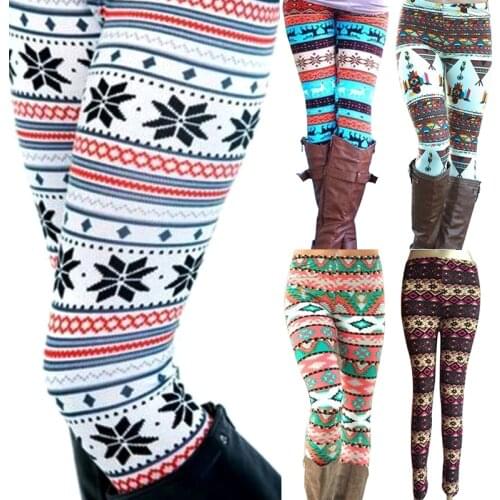 New Brand Women Warm Winter Knit Snowflake Leggings Xmas Stretch Pants Printing Nine Pants
