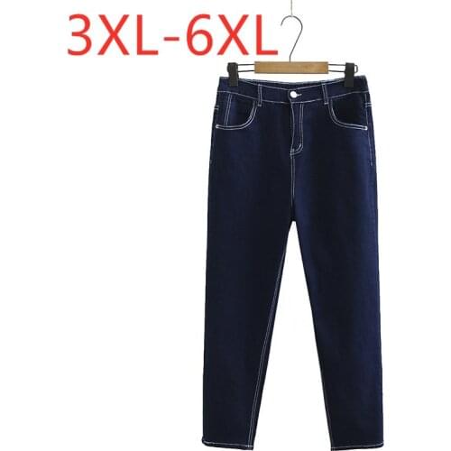New ladies spring summer plus size cropped jeans for women large slim cotton blue pocket elastic denim pants 3XL 4XL 5XL 6XL
