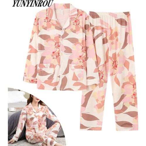 Spring Autumn Floral Womens Sleep Lounge Pajamas Long Sleeved Elegant Pajama Sets Pyjamas Cotton Sleepwear M-3XL Home Fashion
