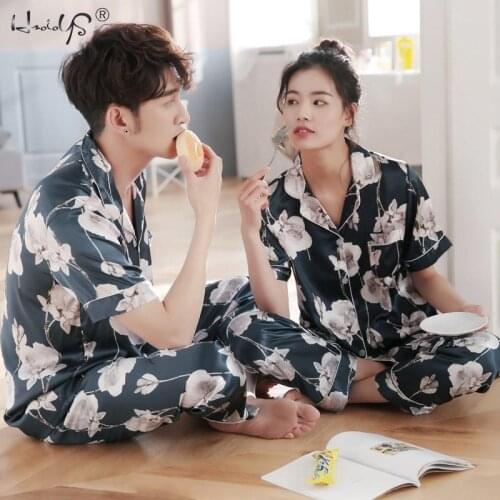 Floral Print Pajamas Set Lovers Pyjamas Women Silk Satin Pajama Sets Cartoon Couple Pajamas For Women Sleepwear Sets Pijama Muje