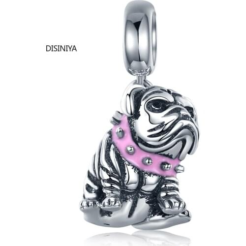 Authentic 925 Sterling Silver Cute English Bulldog Dog Charm Beads fit Original Charm Bracelet DIY Jewelry Making ZSCC44552