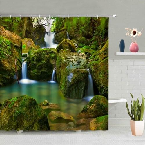 Natural Scenery Shower Curtain Waterfall Sea Tree Plant Bathroom Decoration Screen Bathing Curtains Washable Hanging Hooks Set