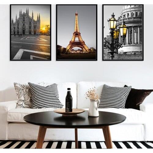 Nordic Style Black White Tower Street Lamp Canvas Painting Modern City Building Combination Posters Living Room Painting Picture
