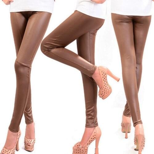 Modern Women Sexy Leggings Faux Leather Slim Leggings High Elasticity Leggins Leather Boots Leggings Simple Style