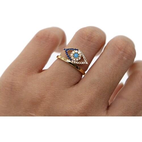 Turkish evil eye jewelry blue cubic zirconia CZ gold color women girl gift blue clear sparking stone dainty fashin finger ring