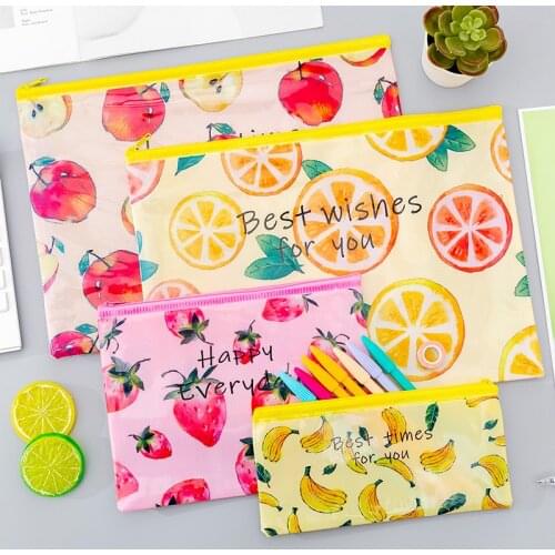 Creative Cute Korean Cartoon Fruit Grid Zipper File Bags Kawaii Students Organize Storage Bag School Stationery Pencil Box