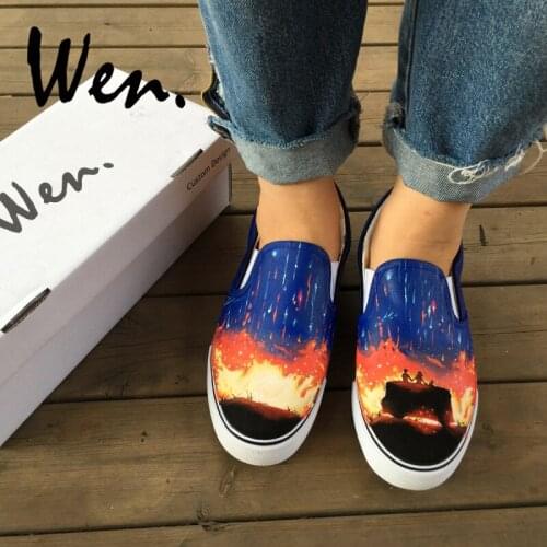 Wen Hand Painted Shoes Design Travelling Couple Watching Beautiful Sparks In Sunset Blue Galaxy Sky Slip On Canvas Sneakers