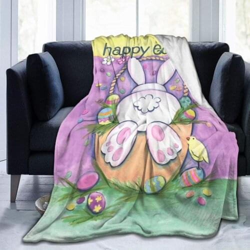Spring Happy Easter Bunny Basket Eggs Butterfly Tulips Rabbit Throw Blanket Soft Lightweight Durable Flannel Fleece Blanketfor