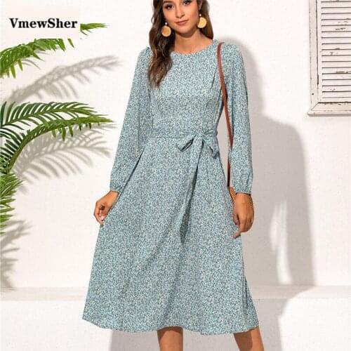 VmewSher New Vintage Spring Women Dress Floral Chiffon Long Sleeve Female Casual O Neck Mid-calf Long Dresses with Sashes Autumn
