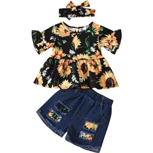 Three Piece Girl’s Clothes Fresh Sunflower Short Sleeve Tops and Ripped Denim Short Pants and Headband