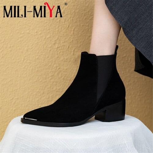 MILI-MIYA Autumn Cow Suede Chelsea Boots Women Metal Pointed Toe Female Fashion Party Comfortable Thick High Heels Shoes Black
