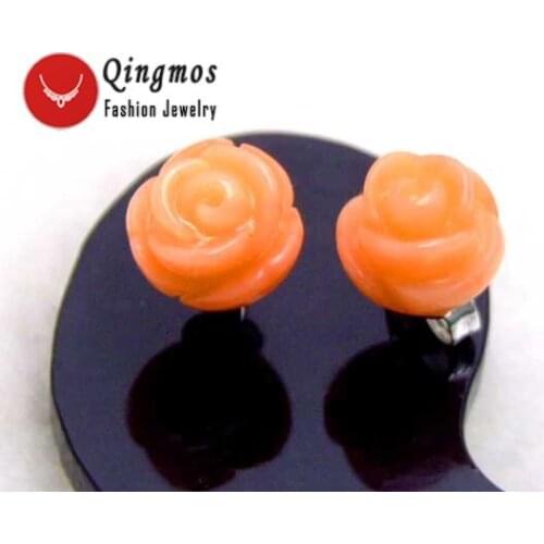 Qingmos Pink 8MM Hand Carved Rose Earrings for Women with Natural Coral with Stering Silver 925 Stud Jewelry-ear250