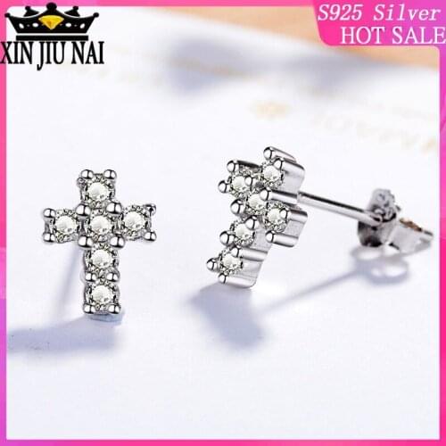 Sterling Silver S925 Fashion Simple Cross Faith Hypoallergenic Female Earrings Silver Strap