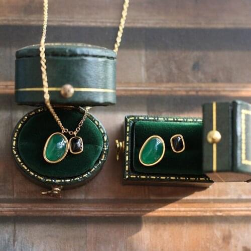 Women 18 k Black Green Stone Irregular Shaped Bouble Pendant Necklace Stainless Steel Long Chain Clavicle Necklace Collier Femme