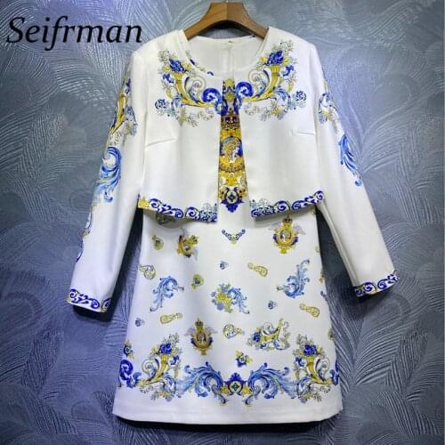 Seifrmann Women Summer Fashion Designer 2 Pieces Set Long Sleeve Short Coat+Crystal Beading A-Line Dresses Two Pieces Suits