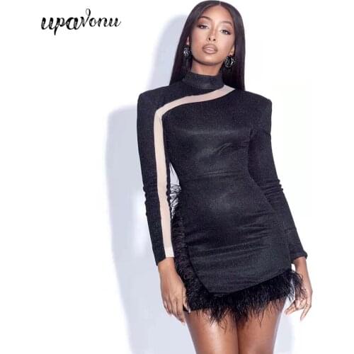 Free Shipping 2021 Spring Shiny Black Dress Womens Stand Collar Long Sleeve Bodycon Feather Dress Celebrity Club Party Vestidos