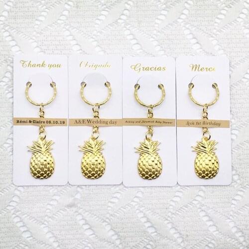 100pcs/lot Wedding Favors Birthday Party Gifts for Guests Golden Color Pineapple KeyChain with Personalized Thank you Card
