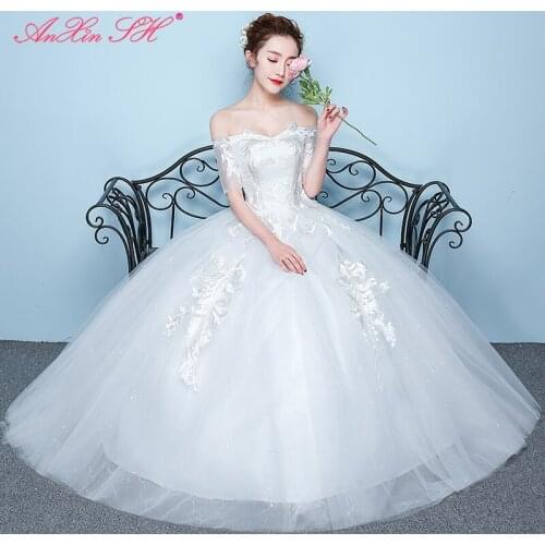AXJFU princess rose flower lace white wedding dress party vintage boat neck illusion beading bride glaring wedding dress