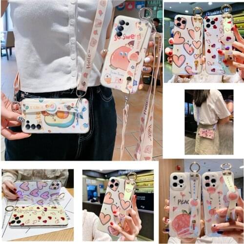 For iPhone 12 Pro max case 11Pro max 7 8 plus X XR XS MAX SE Cute Peach rhinestone wristband stand Crossbody strap phone case