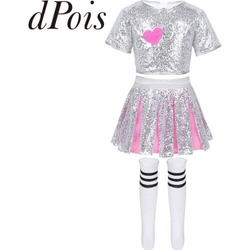 Kids Girls Cheerleader Costumes Modern Hip Hop Jazz Dance Costume Outfit Sequins Short Sleeves Crop Top with Skirt Socks Set