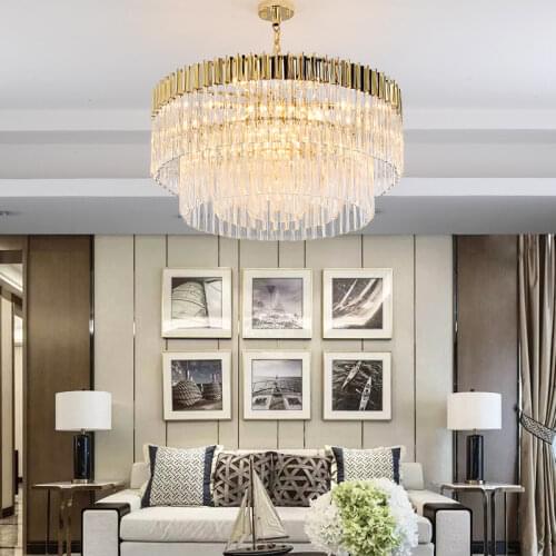 Hotel Hall Luxury K9 Crystal Led Pendant Lights Round Plate Shiny Gold Steel Lustre Pendant Lamp Living Room Art Deco Lamparas