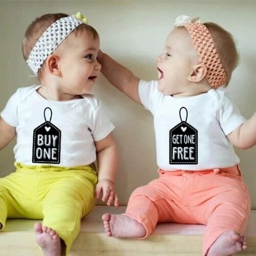 Funny Baby Twins Rompers Buy One Get One Free Letter Print Cotton Summer Short Sleeve Boys Girls Jumpsuits Baby Party Present