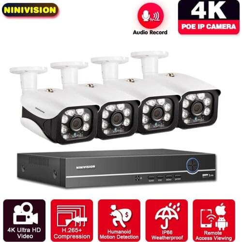 8CH 4K POE Security Camera System Kit 2/ 4 x 8MP Audio Record IP Camera Outdoor Waterproof CCTV Video Surveillance NVR Set