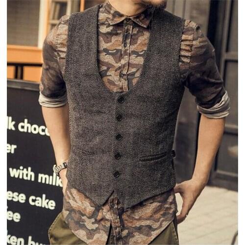 Brown Wool Tweed Waistcoat Mens Vest Slim Fit Leisure U -neck Herringbone Pattern Waistcoat Beckham business Wedding Groom