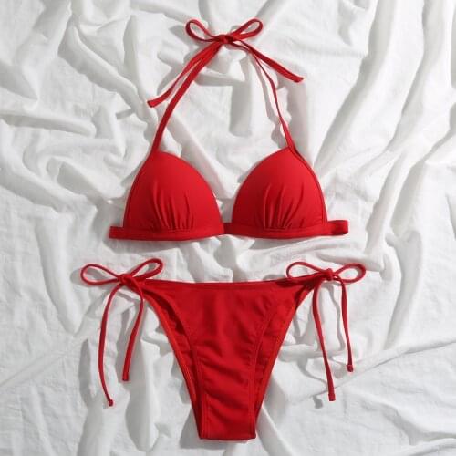 Womens Fashion Bikini Sexy Swimwear Bandage Push Up Padded Swimsuit Women Bathing Suit Halter Beachwear Monocini Pure Color