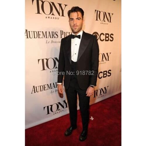 Costume Homme 2017 Brand Design Italian Peaked Lapel Black Mens Wedding Prom Party Suits Groom Tuxedos (Jacket+Pants+Vest+Bow)